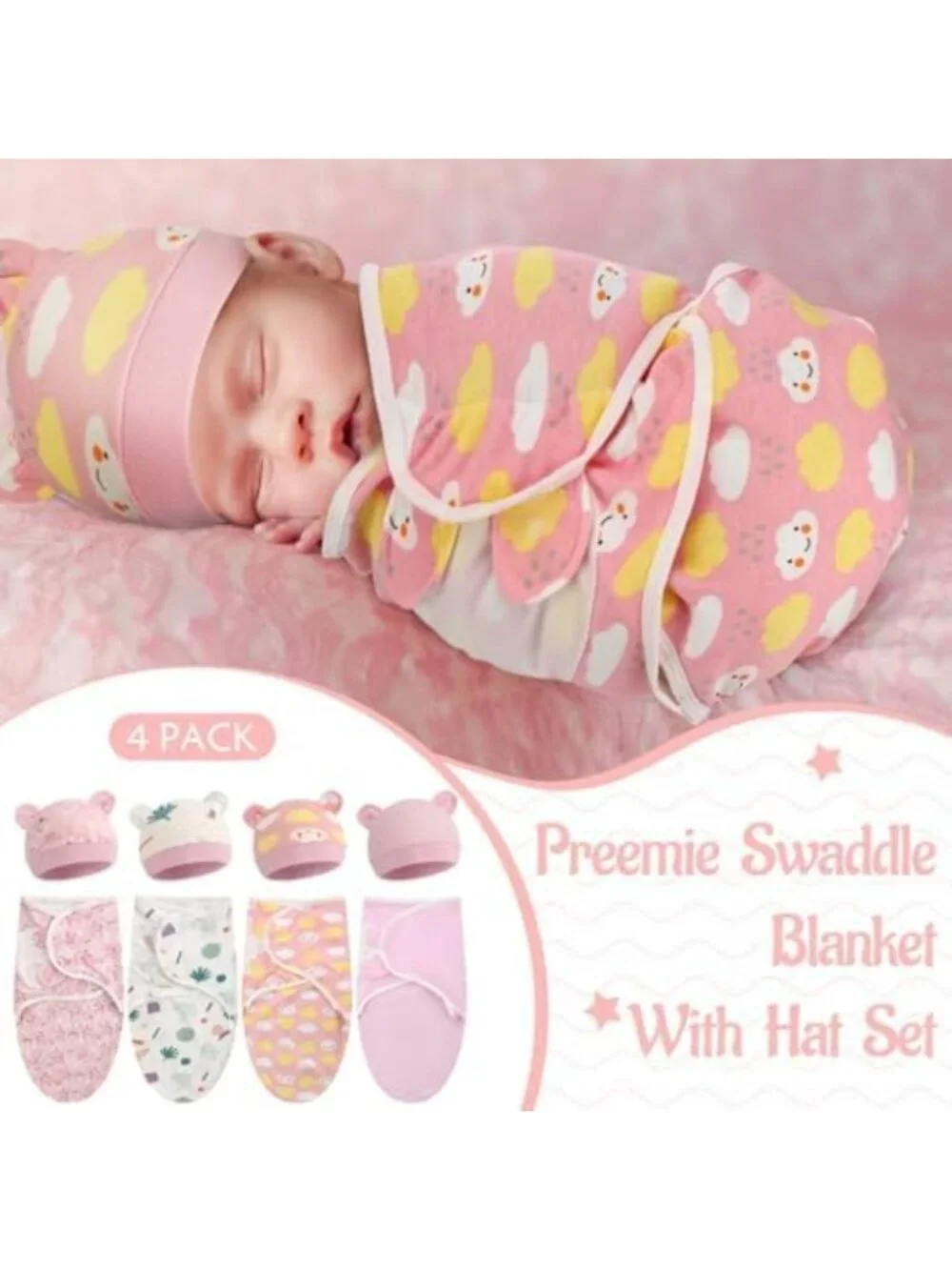 Cozy 4-Pack Swaddle Blankets with Matching Hats for Newborns & Infants